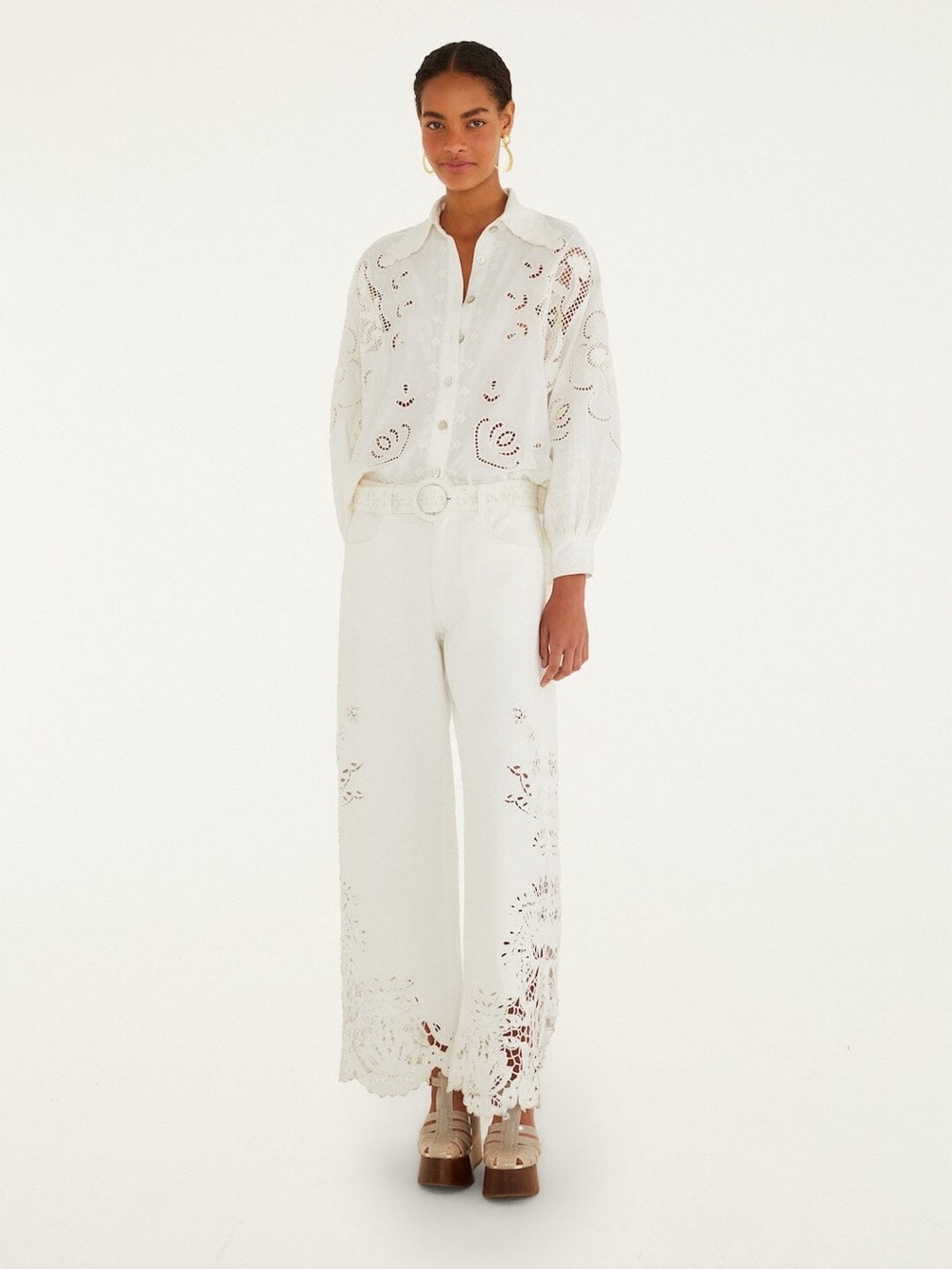 Farm Rio Off-White Embroidered Flowers Richelieu Shirt - Picture 2 of 8